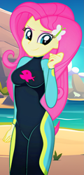 Size: 711x1480 | Tagged: safe, artist:rosasmitt, imported from derpibooru, fluttershy, human, equestria girls, breasts, busty fluttershy, clothes, female, fluttershy's wetsuit, solo, swimsuit, wetsuit