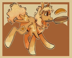 Size: 1440x1170 | Tagged: safe, artist:broniesforponies, imported from derpibooru, oc, oc only, oc:star cakes, pegasus, pony, 4 wings, abstract background, female, food, frying pan, mare, multiple wings, orange coat, pancakes, pegasus oc, solo, wings