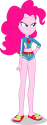 Size: 1280x3388 | Tagged: safe, artist:dustinwatsongkx, imported from derpibooru, pinkie pie, human, equestria girls, applejack's beach shorts swimsuit, clothes swap, female, geode of super strength, magical geodes, midriff, sandals, simple background, solo, swimsuit swap, transparent background, vector