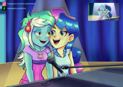 Size: 1063x752 | Tagged: safe, artist:ttshiro, imported from derpibooru, bon bon, lyra heartstrings, sweetie drops, human, equestria girls, duo, duo female, female, jewelry, lesbian, looking at each other, looking at someone, lyrabon, microphone, musical instrument, my little pony equestria girls: rainbow rocks, necklace, piano, scene interpretation, screencap reference, shipping, singing, spotlight, stage