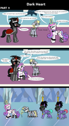 Size: 1920x3516 | Tagged: safe, artist:platinumdrop, imported from derpibooru, derpy hooves, king sombra, princess flurry heart, alicorn, crystal pony, pegasus, pony, unicorn, comic:dark heart, 3 panel comic, abuse, alternate timeline, armor, bound wings, chains, cloth gag, collar, comic, commission, crying, crystal, crystal castle, crystal empire, cuffed, cuffs, curved horn, dark crystal, derpybuse, dialogue, evil, evil flurry heart, evil grin, female, flirting, flurry heart is amused, flurrybra, folded wings, gag, glowing, glowing eyes, glowing horn, grin, guard, hallway, helmet, horn, husband and wife, indoors, looking at each other, looking at someone, looking down, magic, magic aura, male, mare, mask, mind control, nuzzling, older, older derpy hooves, older flurry heart, onomatopoeia, over the nose gag, punishment, sad, shackles, shipping, slave, slave collar, smiling, smug, smug smile, sombra soldier, sound effects, spear, speech bubble, spiked collar, spiked wristband, stallion, straight, tears of sadness, teary eyes, this will not end well, throne room, victorious villain, walking, wall of tags, weapon, wing cuffs, wings, wristband