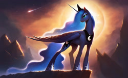 Size: 3520x2160 | Tagged: safe, imported from derpibooru, princess luna, alicorn, pony, ai content, ai generated, comet, concave belly, fit, generator:pony diffusion v6 xl, generator:stable diffusion, long mane, prompt in description, prompter:derp621, slender, solo, stars, sun, thin