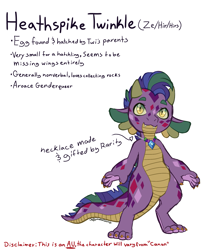 Size: 1321x1578 | Tagged: safe, artist:caffeinatedcarny, imported from derpibooru, master kenbroath gilspotten heathspike, spike, dragon, alternate design, alternate universe, baby, baby dragon, claws, colored sclera, cute, disabled, fangs, g3, gender headcanon, genderqueer, headcanon, heathspike twinkle, horns, lgbt, lgbt headcanon, lgbtq, markings, redesign, simple background, slit pupils, solo, spikabetes, white background