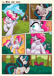 Size: 1810x2560 | Tagged: safe, artist:skysorbett, imported from derpibooru, oc, oc only, oc:sky sorbet, oc:smoky spectre, pegasus, pony, unicorn, comic, duo, female, frame, hide and seek, horn, mini comic, one page comic, pegasus oc, signature, text, unicorn oc, wings