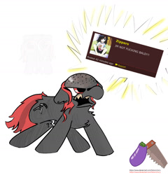 Size: 1537x1603 | Tagged: safe, artist:felixmcfurry, derpibooru exclusive, imported from derpibooru, oc, oc only, oc:zippers, earth pony, pony, angry, bald, crying, drama, earth pony oc, eyelashes, grey fur, red eyes, sad spongebob, sharp teeth, simple background, single tear, solo, teeth, vulgar, when you see it, white background