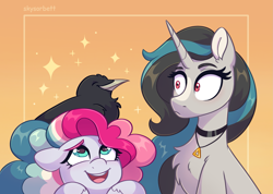 Size: 2255x1609 | Tagged: safe, artist:skysorbett, imported from derpibooru, oc, oc only, oc:sky sorbet, oc:smoky spectre, bird, crow, pegasus, pony, raven (bird), unicorn, abstract background, cute, duo, female, gradient background, horn, looking up, mare, on head, pegasus oc, pet, smiling, unicorn oc, wings