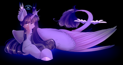 Size: 2642x1395 | Tagged: safe, artist:furawa, imported from derpibooru, twilight sparkle, alicorn, female, large wings, leonine tail, looking at you, lying down, mare, prone, redesign, solo, tail, twilight sparkle (alicorn), unamused, wings