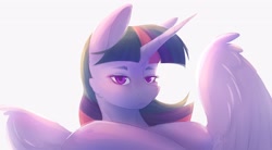 Size: 2560x1408 | Tagged: safe, artist:furawa, imported from derpibooru, twilight sparkle, alicorn, pony, backlighting, bust, female, looking at you, mare, simple background, solo, twilight sparkle (alicorn), unamused, wallpaper, white background