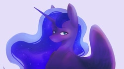 Size: 2560x1436 | Tagged: safe, artist:furawa, imported from derpibooru, princess luna, alicorn, pony, bust, female, looking at you, mare, simple background, sitting, solo, unamused, wallpaper, white background