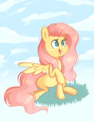 Size: 1716x2200 | Tagged: safe, artist:sinnocturnal, imported from derpibooru, fluttershy, pegasus, pony, cute, female, mare, open mouth, open smile, raised hoof, sitting, smiling, solo, spread wings, wings