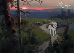 Size: 1407x1000 | Tagged: safe, artist:koviry, imported from derpibooru, oc, oc only, commission, dirt road, forest, looking at something, nature, no mouth, outdoors, raised hoof, scenery focus, solo, standing, sunset, text, tree, white text, your character here