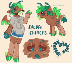 Size: 2048x1813 | Tagged: safe, artist:iconn0va-bases, artist:tottallytoby, imported from derpibooru, oc, oc only, oc:lichen critters, anthro, pegasus, unguligrade anthro, antennae, base used, beanbrows, beige background, blue text, blush scribble, blushing, brown coat, brown eyelashes, brown pupils, brown sclera, brown wings, chest fluff, clothes, coat markings, colored eyebrows, colored eyelashes, colored fetlocks, colored hooves, colored mouth, colored pinnae, colored pupils, colored sclera, colored tongue, colored wings, colored wingtips, ear piercing, earring, eyebrows, eyebrows visible through hair, eyelashes, facial markings, fetlock tuft, green hooves, green mane, green mouth, green wingtips, hair over one eye, hoof hands, hooves, jewelry, lidded eyes, looking down, mismatched hooves, multicolored hooves, necklace, open mouth, pegasus oc, piercing, ponysona, raised arm, reference sheet, shiny hooves, shiny mane, shirt, short mane, short tail, shorts, simple background, small wings, socks (coat markings), solo, sports shorts, spread wings, standing, style emulation, t-shirt, tail, teal eyes, teal tongue, text, tongue out, two toned wings, wall of tags, wings