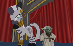 Size: 1920x1200 | Tagged: safe, artist:puzzlshield2, imported from derpibooru, zecora, pony, zebra, 3d, 3d render, auditorium, crossover, disney, game grumps, hoof over mouth, joke, lucasfilm, mmd, recreation, snickering, stand-up comedy, star wars, yoda