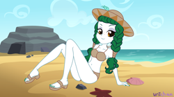 Size: 3832x2152 | Tagged: safe, artist:unichan, imported from derpibooru, oc, oc only, oc:olivia leaf, starfish, equestria girls, beach, bedroom eyes, belly button, bikini, bikini bottom, bikini top, breasts, clam, clothes, commission, equestria girls-ified, feet, female, freckles, hat, looking at you, nail polish, ocean, rock, sand, shell, sitting, solo, sun hat, swimsuit, toenail polish, water, ych result