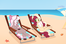 Size: 3000x2000 | Tagged: safe, artist:unichan, imported from derpibooru, oc, oc only, oc:raspberry radio, oc:timid paws, earth pony, pegasus, pony, starfish, beach, beach chair, beach umbrella, bow, chair, commission, duo, duo female, female, hair bow, mare, markings, ocean, sand, sun lounger, unshorn fetlocks, water, ych result