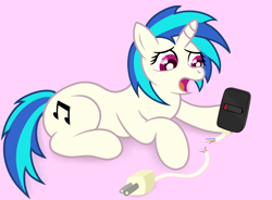 Size: 3500x2579 | Tagged: safe, artist:sweetielover, imported from derpibooru, dj pon-3, vinyl scratch, pony, unicorn, atg 2024, broken, charger, charging, female, high res, horn, low battery, newbie artist training grounds, open mouth, phone, simple background, sitting, solo, wires, worried