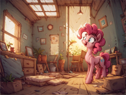 Size: 1328x1000 | Tagged: prompter needed, safe, imported from derpibooru, pinkie pie, earth pony, pony, ai content, ai generated, chair, female, full body, generator:pony diffusion v6 xl, generator:stable diffusion, happy, indoors, mare, open mouth, open smile, picture frame, room, smiling, solo, window