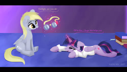 Size: 2287x1303 | Tagged: safe, artist:darksly, imported from derpibooru, derpy hooves, twilight sparkle, alicorn, pegasus, pony, atg 2024, clothes, duo, duo female, female, goggles, lab coat, levitation, lying down, magic, mare, newbie artist training grounds, prone, sploot, sweat, telekinesis, twilight sparkle (alicorn)