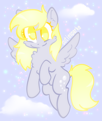 Size: 814x963 | Tagged: safe, artist:cutiesparke, imported from derpibooru, derpy hooves, pony, cheek fluff, chest fluff, cloud, double mane, ear fluff, female, flying, lightly watermarked, looking at you, raised hoof, sky, sky background, smiling, solo, sparkles, spread wings, stars, watermark, wings