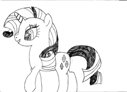 Size: 819x595 | Tagged: artist needed, safe, imported from twibooru, rarity, pony, unicorn, black and white, cutie mark, female, grayscale, grin, horn, image, mare, monochrome, png, profile, raised hoof, simple background, smiling, solo, tail, white background