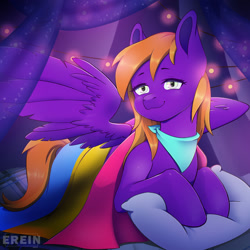 Size: 2000x2000 | Tagged: safe, alternate version, artist:erein, imported from derpibooru, oc, oc only, oc:burningstar, pegasus, pony, alternate character, bandana, bedroom, clothes, commission, ears up, female, flag, garland, high res, indoors, lgbt, looking at you, multicolored eyes, multicolored hair, multicolored tail, night, pansexual, pansexual pride flag, pegasus oc, pillow, pride, pride flag, pride month, purple fur, room, smiling, smiling at you, solo, spread wings, string lights, tail, wings, ych result