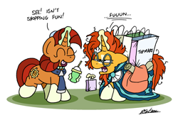 Size: 2316x1502 | Tagged: safe, artist:bobthedalek, imported from derpibooru, stellar flare, sunburst, pony, unicorn, atg 2024, bag, blaze (coat marking), coat markings, drink, duo, duo male and female, facial markings, female, horn, magic, male, mare, messy mane, mother and child, mother and son, mothers gonna mother, newbie artist training grounds, saddle bag, scroll, shopping, simple background, smoothie, socks (coat markings), stallion, sunburst is not amused, telekinesis, tired, unamused, white background