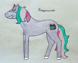 Size: 2686x2181 | Tagged: safe, imported from derpibooru, oc, oc only, oc:razzaroola, earth pony, pony, art trade, colored pencil drawing, cursive writing, earth pony oc, excited, female, g3, grin, happy, hoers, mare, multicolored eyes, multicolored hair, multicolored mane, multicolored tail, not razzaroo, rectangular pupil, simple background, smiling, solo, tail, traditional art