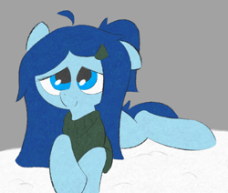 Size: 972x824 | Tagged: safe, artist:castafae, imported from derpibooru, oc, oc only, oc:babbling brook, earth pony, pony, clothes, female, hairclip, lying down, mare, one ear down, ponytail, prone, solo, sweater