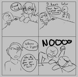 Size: 762x756 | Tagged: safe, artist:thebatfang, imported from derpibooru, oc, oc:anon, oc:zippers, human, pony, bald, bed, big no, comic, dialogue, female, human male, male, mare, monochrome, no, on bed, sad, unconscious