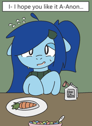 Size: 775x1056 | Tagged: safe, artist:castafae, imported from derpibooru, oc, oc only, oc:babbling brook, earth pony, pony, carrot, cereal, clothes, dialogue, emanata, female, floppy ears, food, hairclip, mare, milk carton, nervous, ponytail, raised hooves, solo, sweat, sweatdrops, sweater