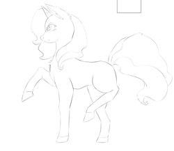 Size: 1316x1141 | Tagged: safe, artist:lillslim, imported from derpibooru, oc, oc only, oc:almond blossom, unicorn, /bale/, chest fluff, ear fluff, facing left, female, grayscale, horn, mare, monochrome, raised hooves, side view, simple background, slender, solo, standing on two hooves, thin, unicorn oc, white background, wip