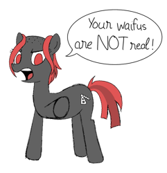 Size: 569x591 | Tagged: artist needed, safe, imported from derpibooru, oc, oc only, oc:zippers, bald, dialogue, female, mare, op is a duck, pointing, red eyes, simple background, solo, transparent background, your waifu isn't real