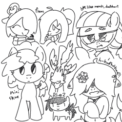 Size: 1020x1020 | Tagged: safe, artist:castafae, imported from derpibooru, rainbowshine, oc, oc:babbling brook, oc:faint rune, oc:filly anon, earth pony, pegasus, pony, belly button, blushing, clothes, dialogue, ear blush, eyebrows, fangs, female, filly, floppy ears, flower, flower in hair, flying, foal, glasses, hair over eyes, hairclip, lidded eyes, mare, monochrome, mug, ponytail, raised hooves, scarf, sweater