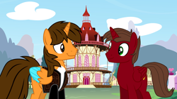 Size: 3200x1800 | Tagged: safe, artist:rogan140, imported from derpibooru, oc, oc only, oc:ej, oc:rogan, alicorn, alicorn oc, duo, duo male, horn, looking at each other, looking at someone, male, ponyville, ponyville town hall, stallion, town square, wings