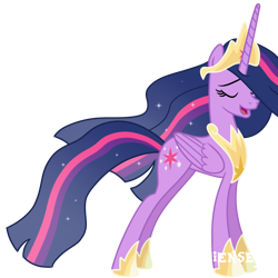 Size: 1280x1280 | Tagged: safe, artist:scienset, edit, edited screencap, imported from derpibooru, screencap, twilight sparkle, alicorn, pony, the last problem, concave belly, crown, ethereal mane, ethereal tail, eyebrows, eyes closed, female, future twilight, hoof shoes, horn, jewelry, long horn, long mane, long tail, mare, older, older twilight, older twilight sparkle (alicorn), open mouth, peytral, princess shoes, princess twilight 2.0, regalia, side view, simple background, slender, solo, tail, tall, thin, transparent background, twilight sparkle (alicorn)