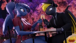 Size: 3840x2160 | Tagged: safe, artist:loveslove, princess luna, oc, oc only, anthro, 3d, breasts, female, looking at each other, male, male oc, table