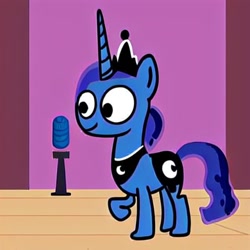 Size: 512x512 | Tagged: prompter needed, safe, imported from derpibooru, princess luna, pony, unicorn, ai content, ai generated, battle for dream island, crown, ethereal mane, female, generator:aieasypic, horn, jewelry, microphone, race swap, raised hoof, regalia, smiling, solo, stage, style emulation, unicorn luna, wingless