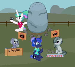 Size: 800x720 | Tagged: safe, artist:nitobit, imported from derpibooru, limestone pie, marble pie, princess celestia, princess luna, alicorn, earth pony, camera, digital art, fence, holder's boulder, pixel art, rock, sign