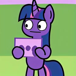 Size: 512x512 | Tagged: prompter needed, safe, imported from derpibooru, twilight sparkle, pony, unicorn, ai content, ai generated, battle for dream island, card, couch, female, generator:aieasypic, holding, horn, solo, style emulation, unicorn twilight