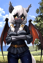 Size: 3328x4864 | Tagged: safe, imported from derpibooru, oc, oc only, oc:misty inkblot, anthro, bat pony, ai content, ai generated, bat wings, belt, blushing, breasts, clothes, crossed arms, cute, ear tufts, fangs, generator:novelai, generator:stable diffusion, pants, prompter:flitter4935, shirt, solo, twin braids, wings