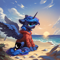 Size: 2048x2048 | Tagged: safe, imported from derpibooru, princess luna, alicorn, pony, ai content, ai generated, beach, clothes, cloud, dawn, ear fluff, full body, generator:pony diffusion v6 xl, generator:stable diffusion, hoodie, horn, one ear down, prompter:liladash, sitting, solo, spread wings, summer, sun, water, wing fluff, wings