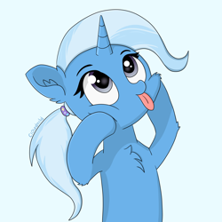 Size: 5000x5000 | Tagged: safe, artist:cloudmild, imported from derpibooru, trixie, pony, unicorn, :p, blue background, cute, cyan background, female, fluffy, horn, mare, ponytail, scrunchie, silly, silly pony, simple background, solo, tongue out