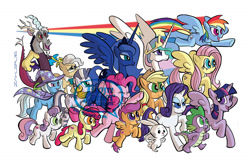 Size: 1296x864 | Tagged: safe, artist:thom zahler, imported from derpibooru, angel bunny, apple bloom, applejack, discord, fluttershy, mayor mare, pinkie pie, princess celestia, princess luna, rainbow dash, rarity, scootaloo, spike, sweetie belle, trixie, twilight sparkle, zecora, alicorn, draconequus, dragon, earth pony, pegasus, rabbit, unicorn, zebra, 2016, animal, applejack's hat, bipedal, cape, clothes, cowboy hat, cutie mark crusaders, ear piercing, earring, eyes closed, female, filly, flying, foal, glasses, group, hat, horn, horns, jewelry, lidded eyes, male, mane seven, mane six, mare, neck rings, obtrusive watermark, open mouth, open smile, peytral, piercing, rainbow trail, raised hoof, raised leg, regalia, royal sisters, siblings, signature, simple background, sisters, smiling, spread wings, tail, tiara, trixie's cape, trixie's hat, twilight sparkle (alicorn), watermark, white background, wings