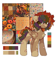 Size: 507x535 | Tagged: safe, artist:flixanoa, imported from derpibooru, oc, oc:froot loop, pegasus, pony, bandaid, bandaid on nose, cereal, food, markings, multicolored hair, nonbinary, rainbow, reference sheet, solo, splotches