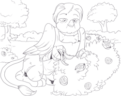 Size: 1729x1378 | Tagged: safe, artist:nauyaco, imported from derpibooru, oc, oc only, griffon, flower, monochrome, pruning, rose, scar, simple background, solo, tree, white background
