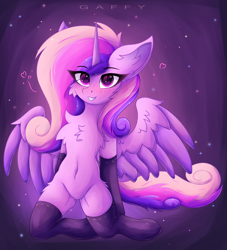Size: 3000x3300 | Tagged: safe, artist:gaffy, imported from derpibooru, princess cadance, alicorn, pony, belly, belly button, cheek fluff, chest fluff, clothes, ear fluff, eye clipping through hair, eyebrows, eyebrows visible through hair, featureless crotch, female, heart, heart eyes, horn, kneeling, looking at you, mare, partially open wings, sexy, socks, solo, stockings, thigh highs, wingding eyes, wings