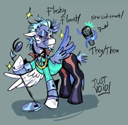 Size: 1332x1302 | Tagged: safe, artist:justvoidsdumbstuff1, imported from derpibooru, oc, oc only, oc:flashy flaunt, pegasus, pony, blaze (coat marking), blue coat, blue eyeshadow, blue mane, blue tail, blue teeth, chin fluff, clothes, coat markings, colored, colored ears, colored muzzle, colored teeth, eyelashes, eyeshadow, facial markings, floppy ears, gray background, hoof gloves, hoof hold, lidded eyes, looking back, makeup, microphone stand, narrowed eyes, no catchlights, pants, pegasus oc, purple sclera, shiny mane, short mane, short tail, signature, simple background, smiling, solo, sparkles, spread wings, standing, suit, tail, text, wings