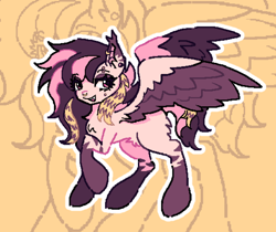 Size: 752x632 | Tagged: safe, artist:junniepiepoopop, imported from derpibooru, oc, oc only, oc:jade, pegasus, pony, butt fluff, cheek piercing, chest fluff, colored eartips, colored pinnae, colored wings, colored wingtips, ear piercing, earring, eye clipping through hair, eyelashes, eyeshadow, fangs, female, gauges, gift art, jewelry, lidded eyes, long mane, looking back, makeup, mare, open mouth, open smile, outline, pegasus oc, piercing, pink coat, pubic fluff, purple eyeshadow, raised hoof, scene, scene hair, septum, smiling, solo, spread wings, standing, stripes, three toned mane, three toned tail, tri-color mane, tri-color tail, tri-colored mane, tri-colored tail, two toned wings, wings, zoom layer