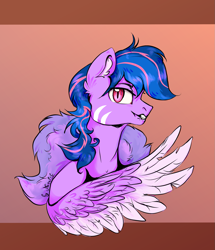 Size: 1215x1411 | Tagged: safe, artist:nazalik, imported from derpibooru, oc, oc only, oc:zeldo, pegasus, pony, digital art, ear fluff, fangs, fluffy, fluffy tail, gradient background, looking at someone, looking at you, pegasus oc, pupils, stripes, tail, wings, wool