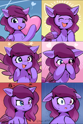 Size: 2000x2976 | Tagged: safe, artist:nari_artsz, imported from derpibooru, oc, oc only, oc:veen, pony, angry, blushing, commission, floppy ears, freckles, happy, heart, heterochromia, solo, starry eyes, wingding eyes, ych result